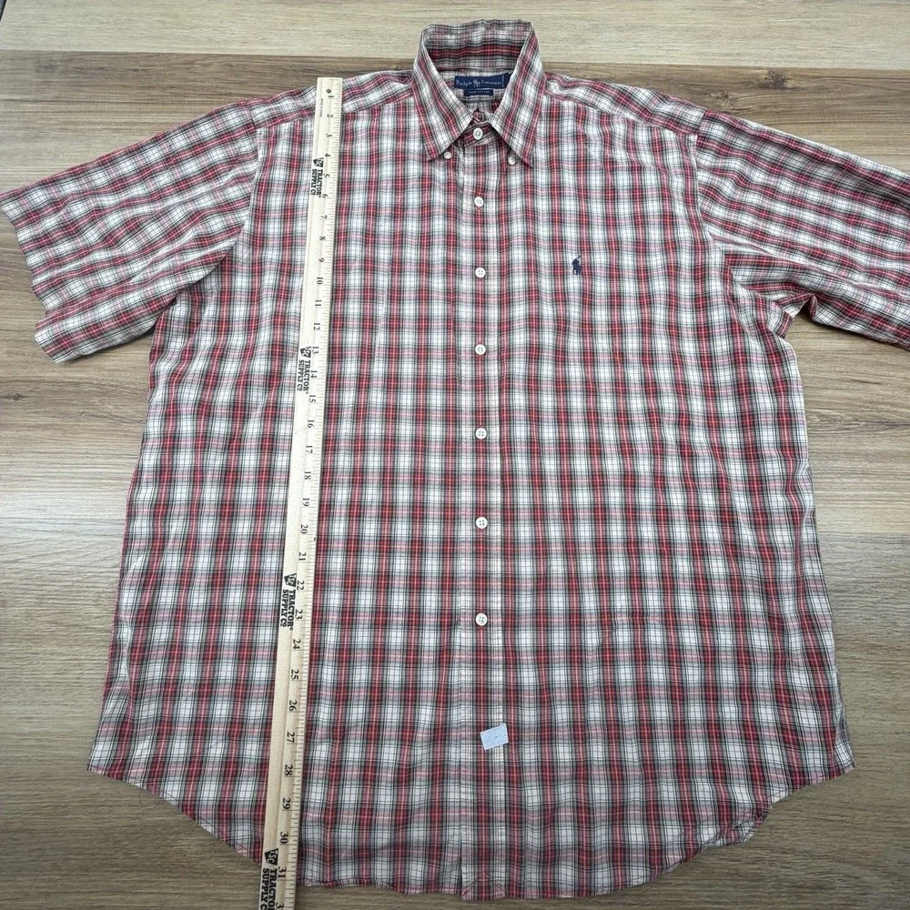 Ralph Lauren Mens L Classic Fit Red‎ Plaid Button Down Shirt Short Sleeve EUC